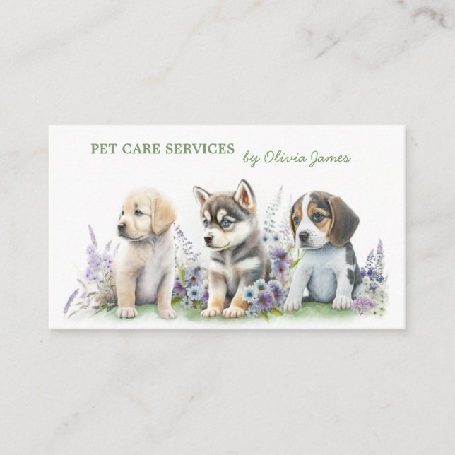 Floral puppies dog walking pet care service business card (Front)