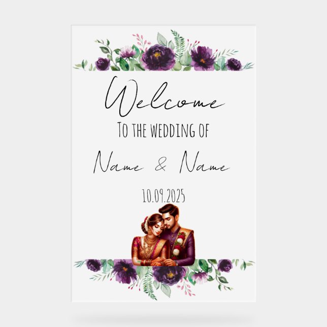 Floral purple acrylic wedding sign  (Front)