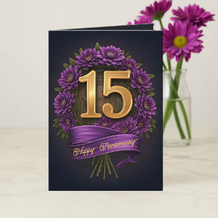 Floral Purple and Gold 15th Wedding Anniversary  Card