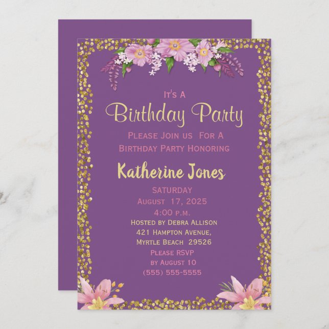 Floral Purple and Gold Birthday Party Invitations (Front/Back)