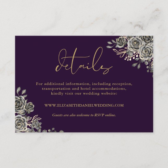 Floral Purple And Gold Gothic Wedding Details Enclosure Card (Front)