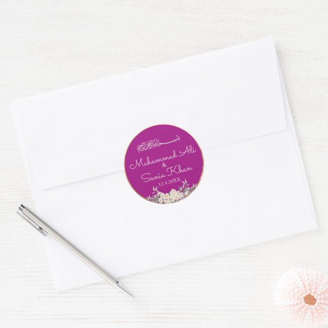 Floral Purple and Gold Islamic Muslim Wedding Classic Round Sticker (Envelope)