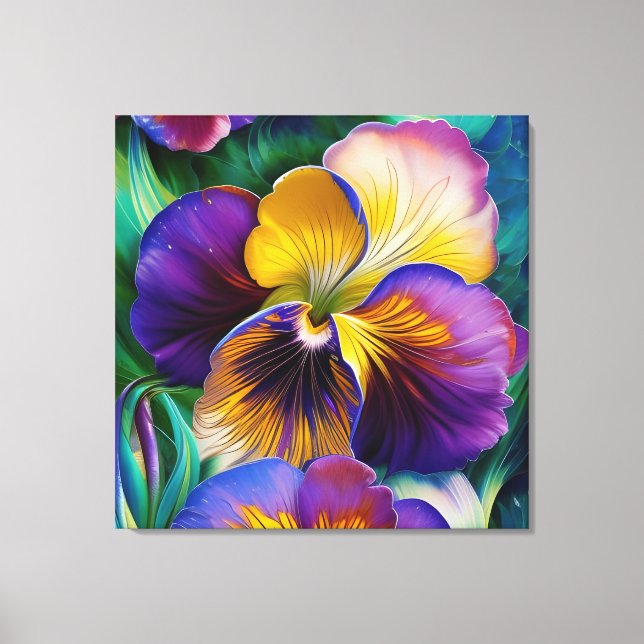 Floral Purple and gold pansy blue green leaves Canvas Print (Front)