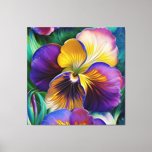 Floral Purple and gold pansy blue green leaves Canvas Print (Front)