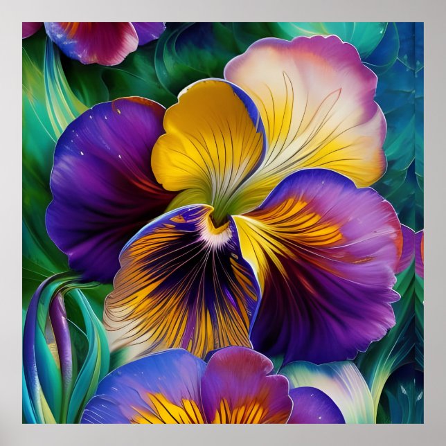 Floral Purple and gold pansy blue green leaves Poster (Front)