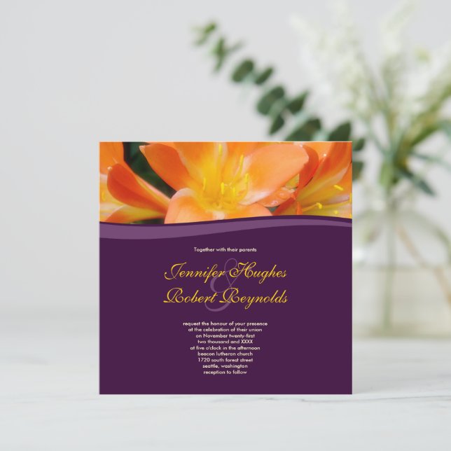 Floral Purple and Orange Wedding Invitation (Standing Front)