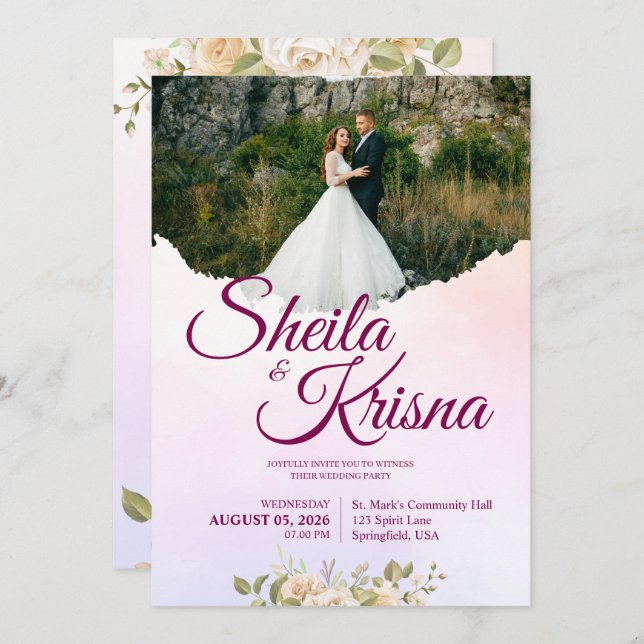 Floral Purple and Pink Elegance Wedding with Photo Invitation (Front/Back)