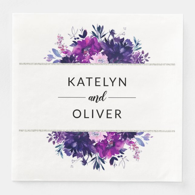Floral Purple and Silver Frame Wedding Monogram Napkin (Front)