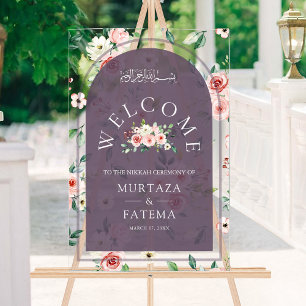 Floral Purple Arch Muslim Wedding Welcome Acrylic Sign