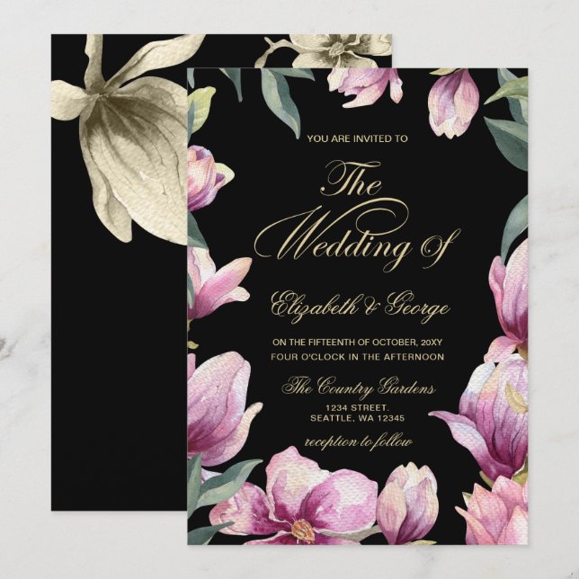 Floral Purple Black and Gold wedding Invitation (Front/Back)