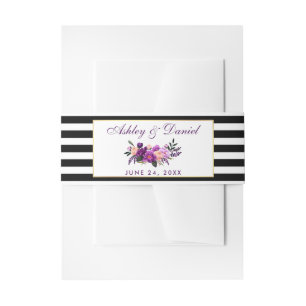 Floral Purple Black Stripes Wedding Invitation Belly Band