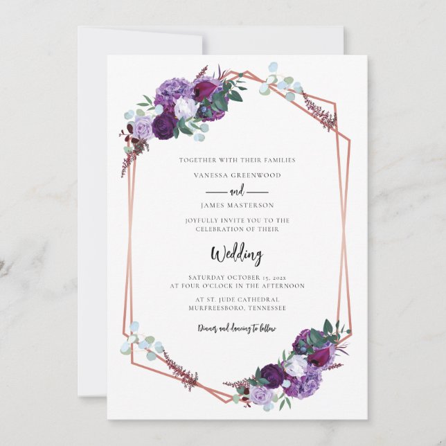 Floral Purple Bloom Script Modern Wedding Invitation (Front)