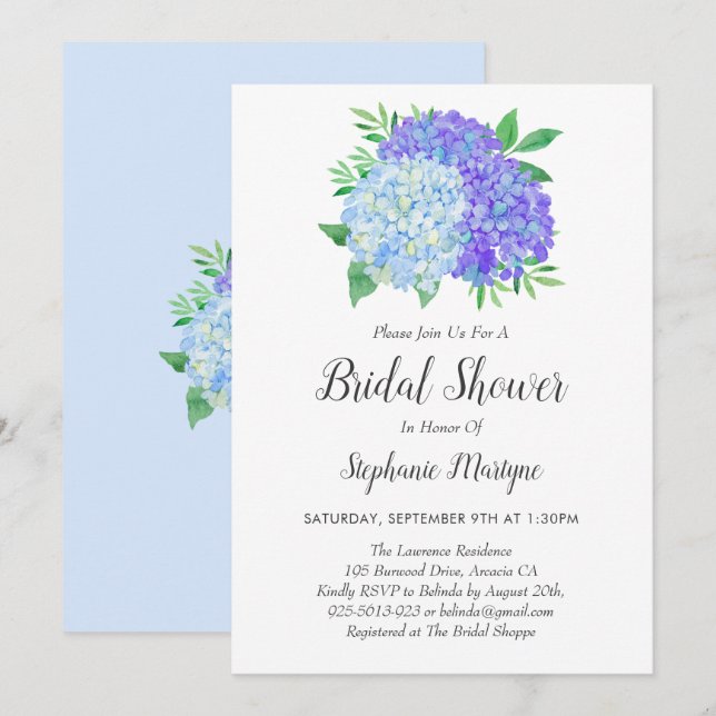 Floral Purple Blue Hydrangea Bouquet Bridal Shower Invitation (Front/Back)