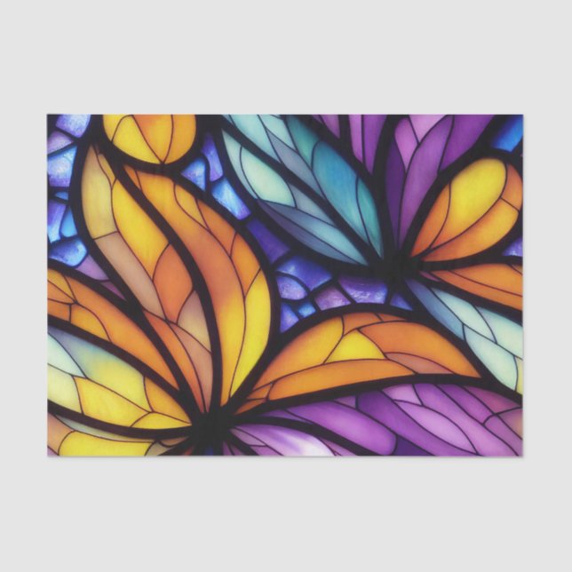 Floral Purple Blue Yellow Stained Glass Decoupage  Tissue Paper (Front)