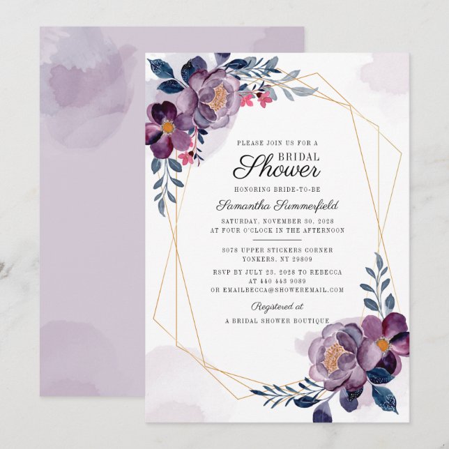 Floral Purple Blush Botanical Script Bridal Shower (Front/Back)