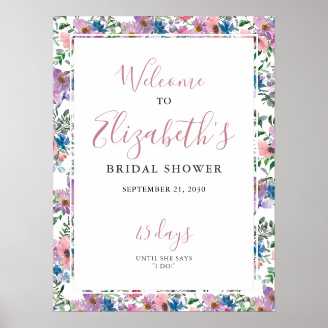 Floral Purple Blush Bridal Shower Welcome Sign (Front)