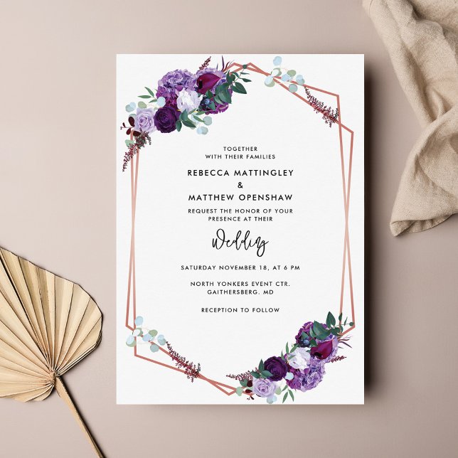 Floral Purple Botanical Script Wedding Invitation (Purple Floral Watercolor Script Wedding Invitation Card)