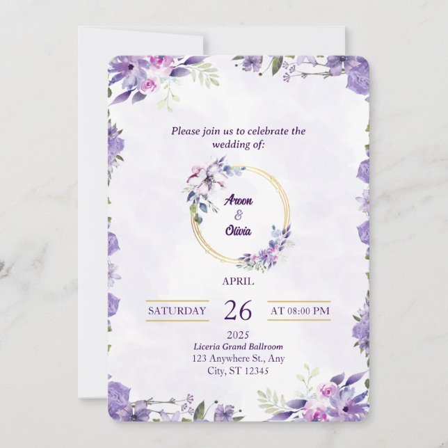 Floral Purple Botanical Wedding Invitation (Front)