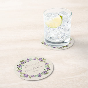 Floral Purple Botanical Wreath Wedding Monogram Round Paper Coaster