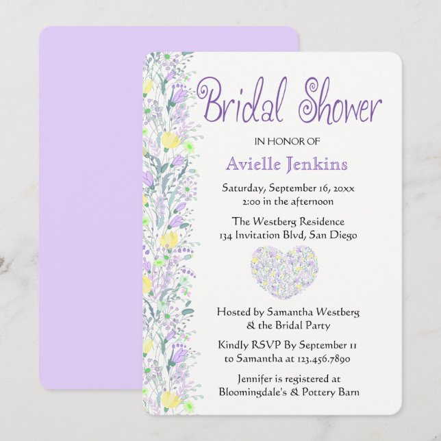 Floral Purple Bridal Shower Lavender Flowers Invitation (Front/Back)