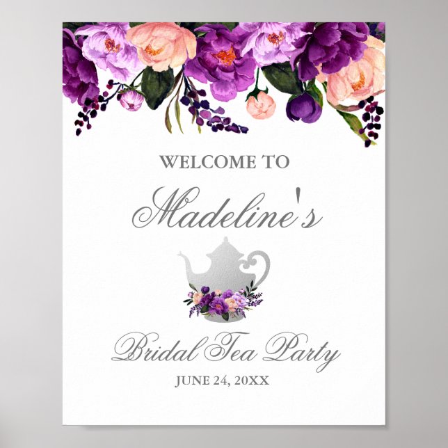Floral Purple Bridal Shower Tea Party Welcome Poster (Front)
