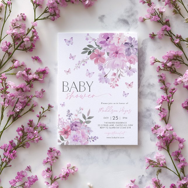 Floral Purple Butterfly Baby Shower Invitation (Baby in Bloom invitation with pink and purple flowers and butterflies. )