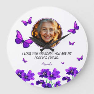 Floral Purple Butterfly Grandma Photo Large Clock