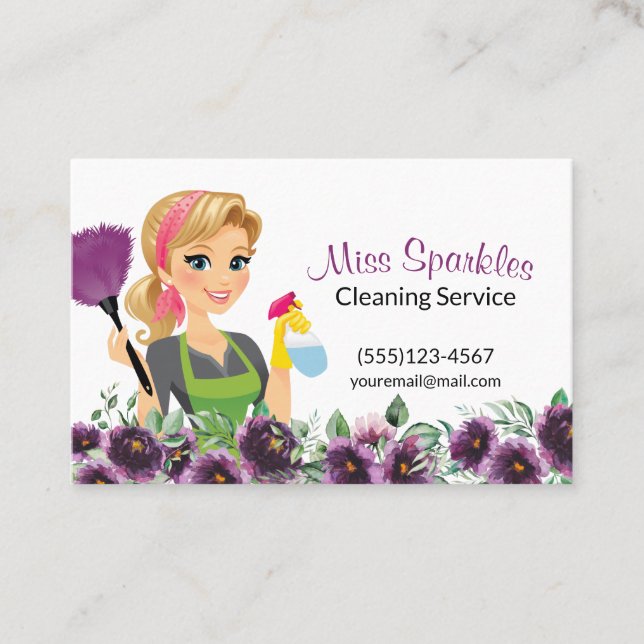 Floral Purple Cartoon Maid House Cleaning Service Business Card (Front)