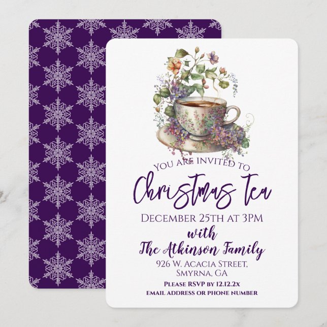 Floral Purple Christmas Tea Party Invitation (Front/Back)