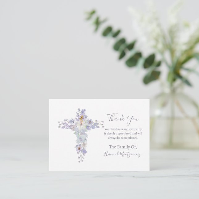 Floral Purple Cross Photo Sympathy Funeral Card (Standing Front)