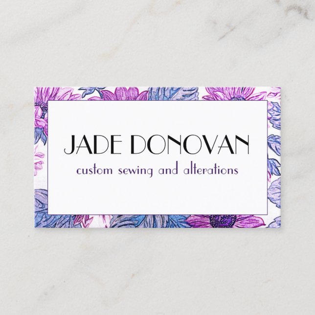 Floral Purple Daisies Flower Faux Textile Fabric Business Card (Front)