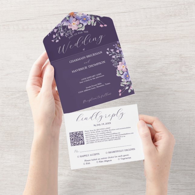 Floral Purple Dreams Simple QR code Wedding All In One Invitation (Tearaway)
