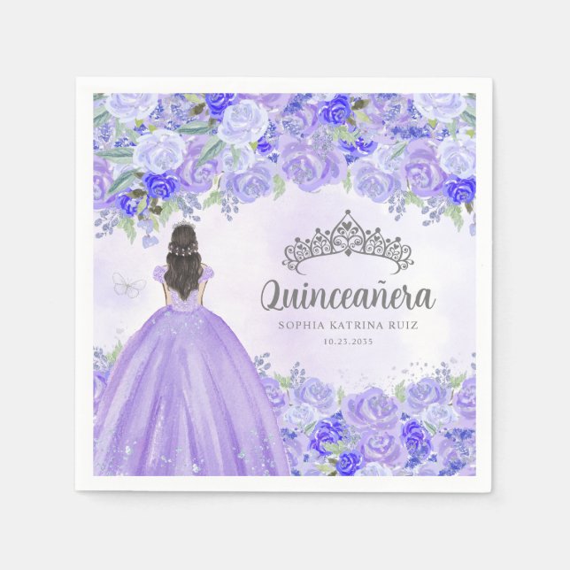 Floral Purple Dress Princess Tiara Quinceanera Napkin (Front)