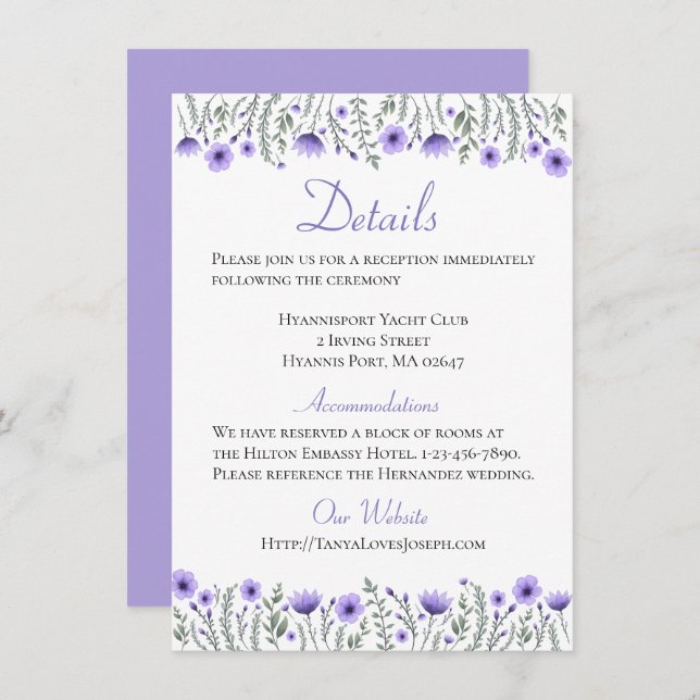 Floral Purple Flowers  Details Directions Wedding Invitation (Front/Back)