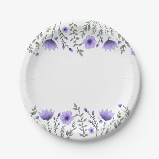 Floral  Purple Flowers Wedding Party Paper Plate (Front)