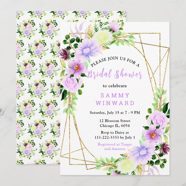 Floral Purple Flowers with Foliage Bridal Shower Invitation (Front/Back)