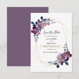 Floral Purple Geometric Script Save the Date Card