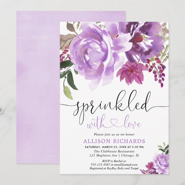 Floral purple girl baby shower sprinkle invitation (Front/Back)