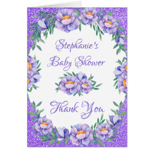 Floral Purple Glitter Baby Shower Thank You