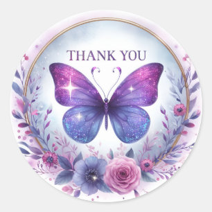 Floral Purple Glitter Butterfly - Thank you - Classic Round Sticker