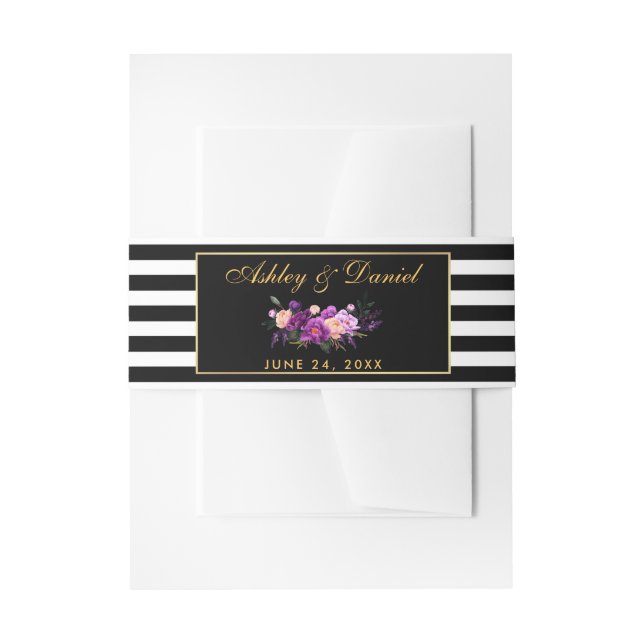 Floral Purple Gold Black Stripes Wedding Invitation Belly Band (Front Example)