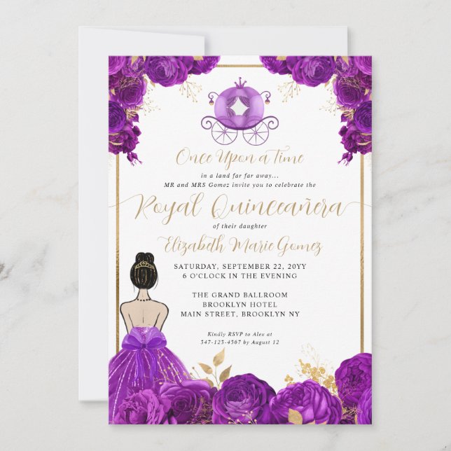 Floral Purple Gold Cinderella Royal Quinceanera Invitation (Front)