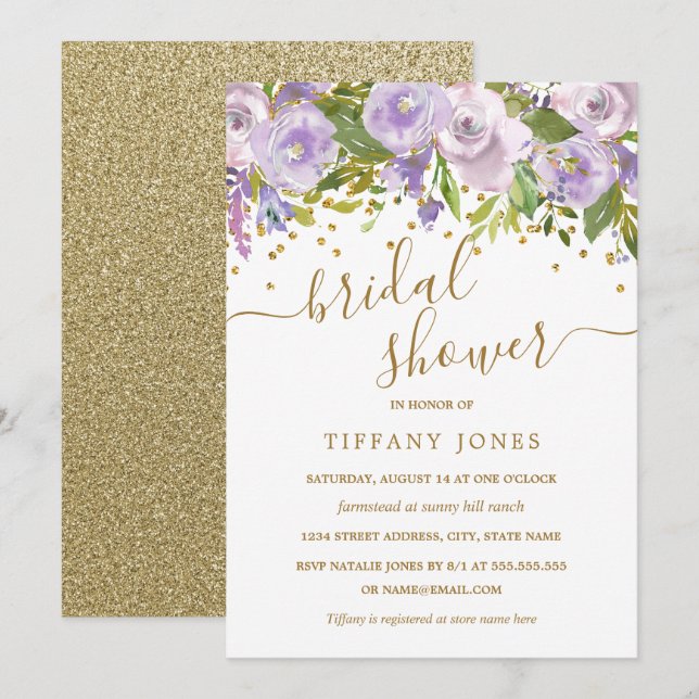 Floral Purple Gold Confetti Bridal Shower Invitation (Front/Back)