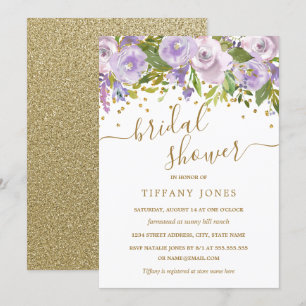 Floral Purple Gold Confetti Bridal Shower Invitation