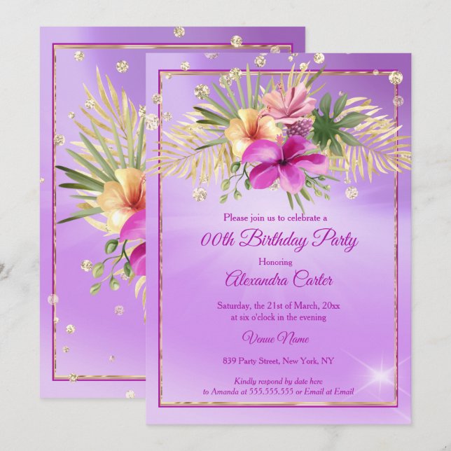Floral Purple Gold Hibiscus Birthday Party Invitation (Front/Back)