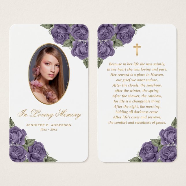 Floral Purple Gold Memorial Funeral Prayer Card (Front & Back)
