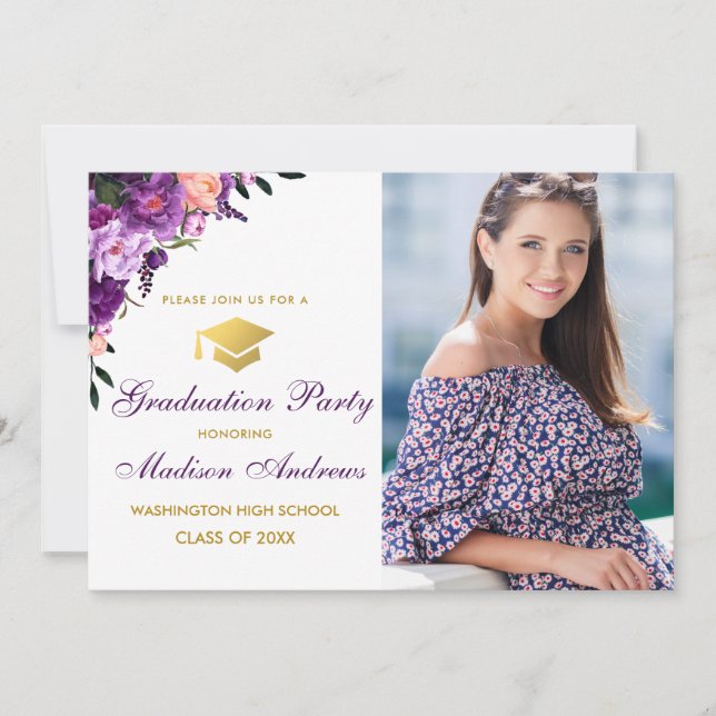 Floral Purple Gold Photo Graduation Party Invite (Front)