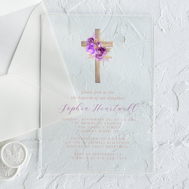 Floral Purple Gold Roses Cross Girl Baptism Acrylic Invitations (Creator Uploaded)