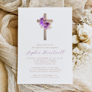 Floral Purple Gold Roses Cross Girl Baptism Invitation