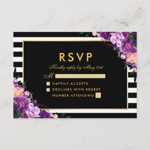 Floral Purple Gold Striped Black RSVP Wedding